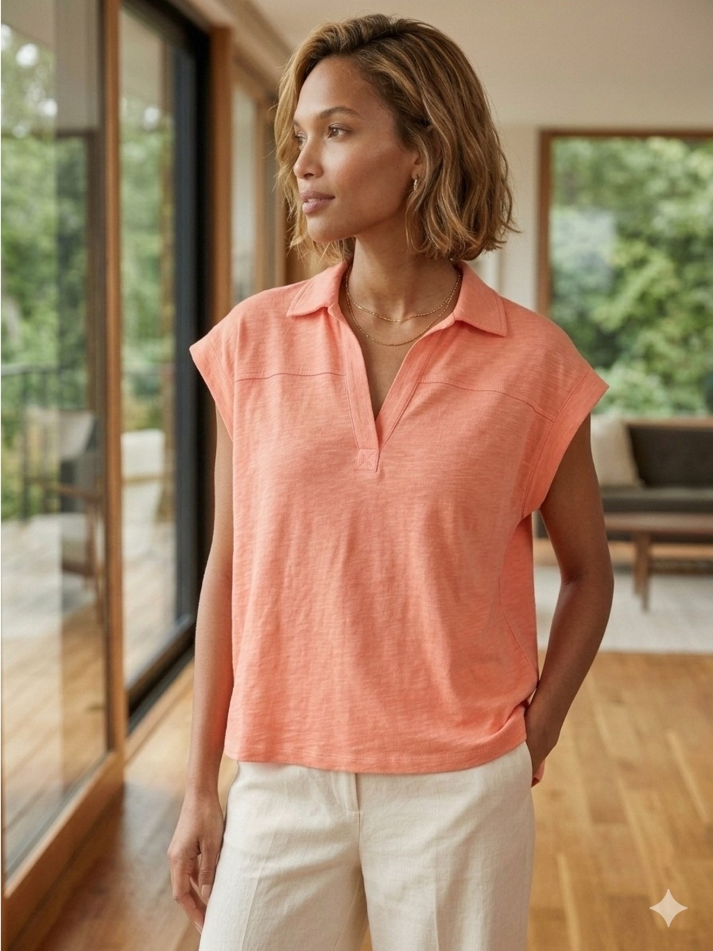 LOFT NWOT Coral Peach Slub Knit Short Sleeve Collared Polo Popover Top - Size M